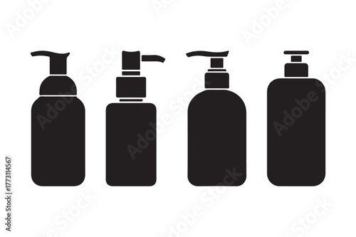 Four black silhouettes of dispenser bottles on a white background