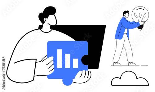 Person holding puzzle piece with bar chart, individual carrying light bulb for ideas, and a cloud symbol. Ideal for teamwork, innovation, brainstorming, problem solving, data analysis, creativity