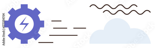 Gear with lightning bolt and horizontal lines moving toward a cloud and wavy lines. Ideal for energy, technology, efficiency, innovation, automation, data flow, sustainability. Simple flat metaphor