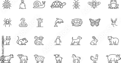 Comprehensive Zoology Line Icon Set: Wildlife, Farm, and Domestic Animal Illustrations for Educational Materials and Nature Applications