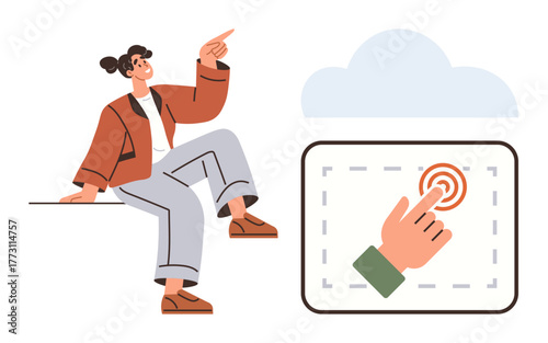 Person sits casually while pointing skyward near a floating cloud and a panel featuring a touchscreen interaction. Ideal for technology, connectivity, cloud computing, innovation, interaction
