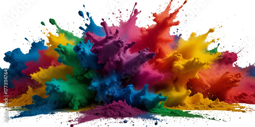 Unicorn colorful background, rainbow pattern, glitter vector texture, pastel fantase design, colorful rainbow holi paint color powder explosion isolated white wide panorama background