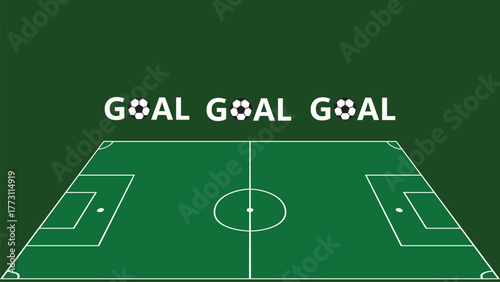 Flat Minimalist Green Soccer Field Illustration with White Line and Goal Text Typography Using Football Icons for Sport Banner and Game Poster Background Design