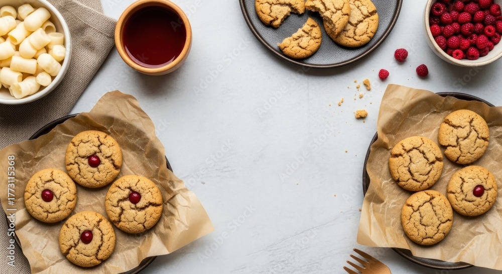 Fototapeta premium Cookies, raspberries, & ingredients arranged symmetrically on a white surface