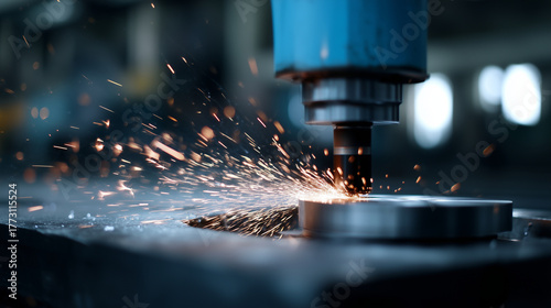 Precision metal grinding with CNC machine tool glowing sparks and blue industrial lighting create a high-tech atmosphere. CNC machine, metalworking, sparks, precision engineering,