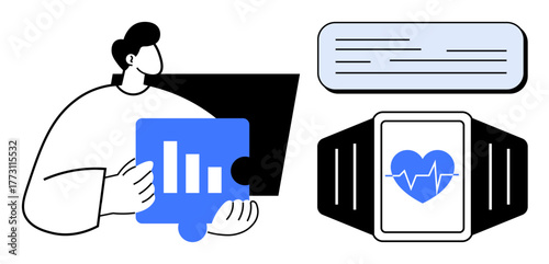 Person holding puzzle with bar graph, smartwatch displaying health data, message panel. Ideal for technology, smart devices, communication, healthcare, data analysis, fitness modern solutions