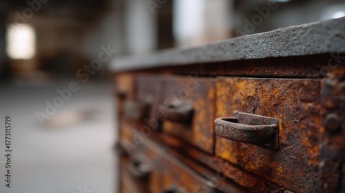 ChatGPT ÑÐºÐ°Ð·Ð°Ð»:Realistic close-up photo of a weathered metal cabinet with small drawers covered in rust and patina. Each drawer features an aged handle, showing detailed textures o