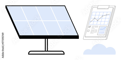 Solar panel on stand, clipboard with analytics charts, and cloud element emphasizing renewable energy growth. Ideal for sustainability, energy efficiency, green power, innovation, analysis