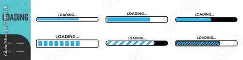 Loading bar. Loading or Installing process. Load sign. System software update and upgrade. Vector loading bar progress icons. Download progress. Color set icons. Vector illustration