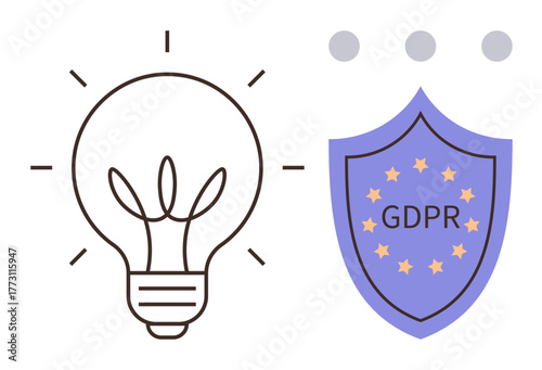 Lightbulb symbolizing idea generation beside GDPR shield showcasing data privacy. Ideal for innovation, data security, compliance, technology, creativity, digital rights, simple flat metaphor