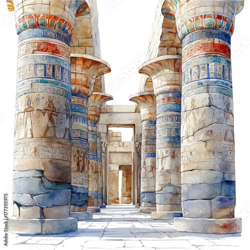 Karnak Temple, watercolor vector, isolated on a white background.