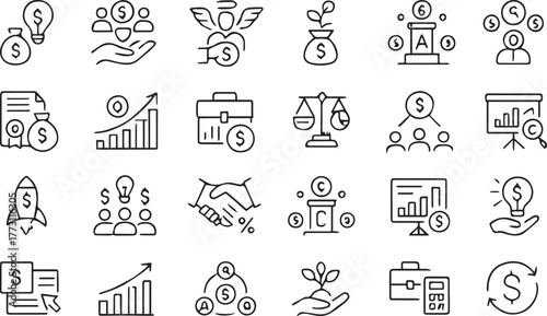 Return on investment icons line style set with money bag, growth chart, profit increase, capital, dividend, ROI, sales, and financial collection symbols vector illustration