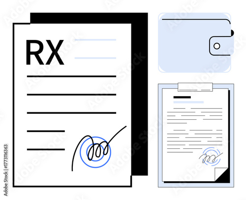 Prescription paper with RX marking, handwritten signature, folder, and storage concept. Ideal for healthcare, medication, documentation, authorization, record-keeping legal use and simple flat