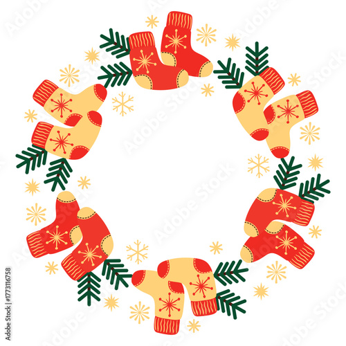 Christmas frame with socks, fir twig and snowflakes. Red, yellow and green colors. Round shape border with copy space. Festive composition with cartoon objects on white background. Vector design.
