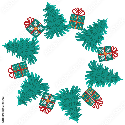 Christmas frame with fir trees and gifts boxes with bows. Festive packages decorated with folk patterns. Round shape border with copy space. Vector cartoon objects isolated on white background.