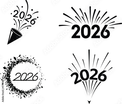 Four stylized black and white graphic designs celebrating the arrival of the year 2026