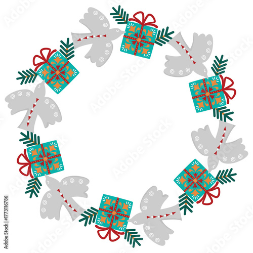 Folk christmas frame with patterned flying birds and gift boxes. Round shape border with copy space. Festive composition with cartoon objects on white. Vector design for banner or poster template.