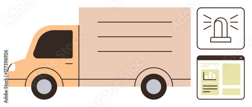 Delivery truck alongside emergency alert icon and document imagery conveying logistics, shipping, alerts, and e-document management. Ideal for logistics, transportation, safety, communication