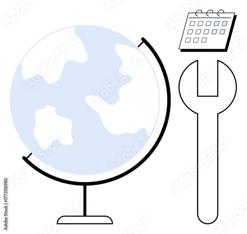 Globe paired with a wrench and calendar symbolizing global solutions, collaboration, scheduling, and management. Ideal for sustainability, technology, world repair, planning, productivity teamwork