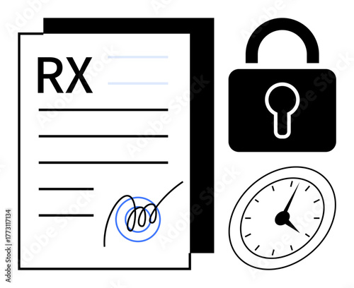 Prescription paper with signature, lock icon, and clock representing confidentiality, timely medical access, security, compliance, healthcare, authorization professionalism. Ideal for topics on