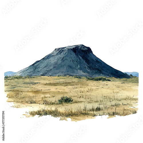 watercolor vector of Jeju Island Volcanic Landscape, isolated on a white background.