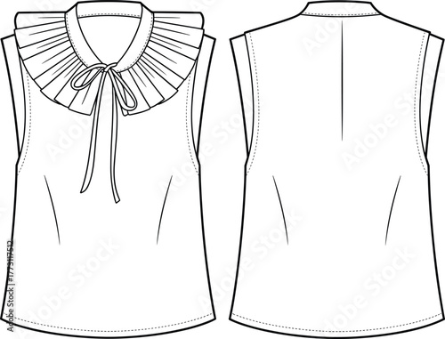 Sleeveless blouse flat sketch, fashion technical drawing with pleated ruffle collar, bow tie neckline, front and back view, CAD vector illustration
