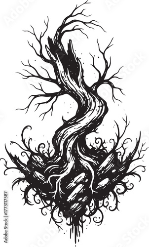 Gnarled Dead Tree Trunk Growing Out of Clenched Hands and Roots - Dark Nature Vector"