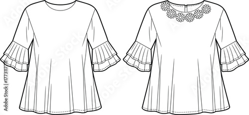 Women’s ruffle sleeve top front and back view, round neck flared silhouette blouse with embroidery variation, garment fashion template, cad drawing flat vector illustration