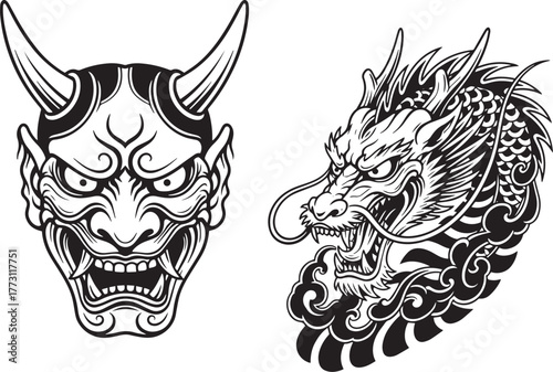 Traditional Japanese Art Duo: Hannya Mask and Intricate Dragon Head