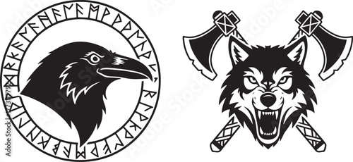 Norse Battle Emblems: Runic Raven Circle and Wolf Head with Axes