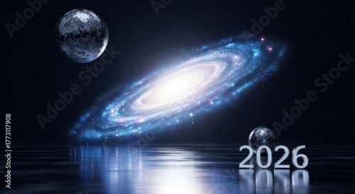 Cosmic vista with galaxy, planets, and futuristic water reflection, illuminated, numbered