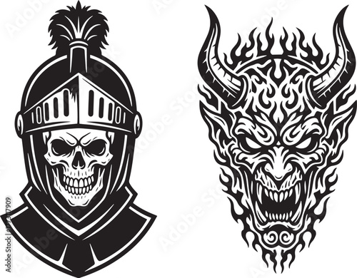 Dark Combat Emblems: Skull Knight Helmet and Roaring Fire Demon Face Art