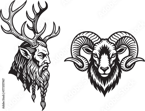 Mythic Beasts Duo: Horned Druid God Cernunnos and Majestic Ram Head Mascot