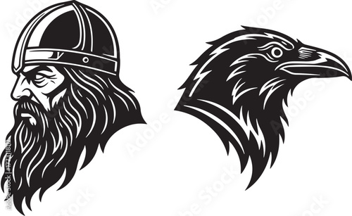 Norse Mythology Emblems: Bearded Viking Warrior and Majestic Raven Head