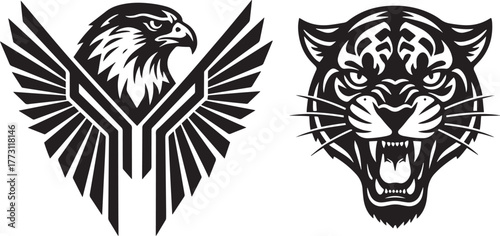 Majestic Wildlife Emblems: Eagle and Tiger Roaring Logos