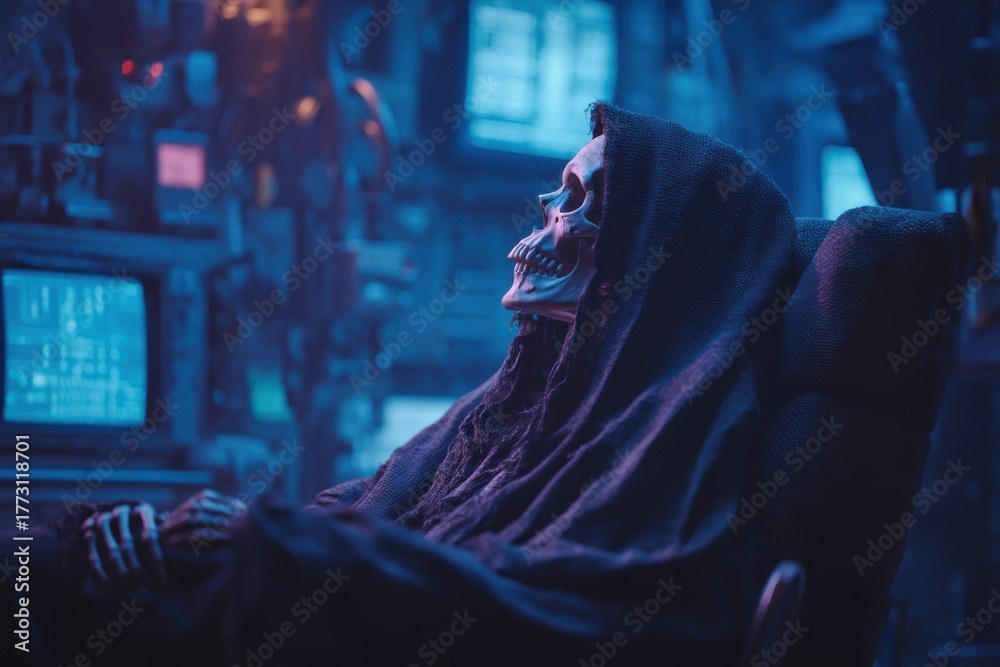 Obraz premium Melancholic Skeleton Relaxing in a Futuristic Chair Amidst Neon Lights for Cyberpunk Mood