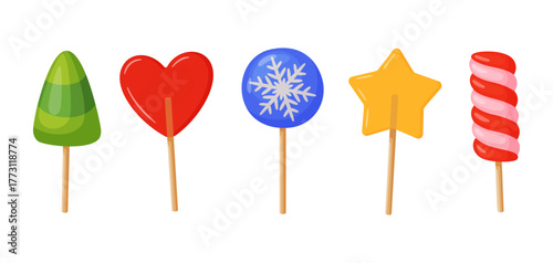 Colorful Christmas lollipops Set. Shape of heart, tree, star and twirl. Hand drawn trendy flat style vector illustration Perfect for holiday cards, packaging, prints, stickers, and decorations.