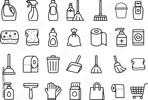 Cleaning Supplies Household Tools and Hygiene Line Icons Set.