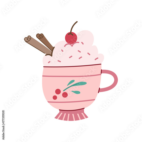 a cute illustration with a pink cup of warm drink, with cream, cinnamon and a red cherry on top