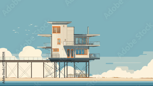 A vector of a modern coastal house built on high stilts or an elevated foundation for tsunami resilience.