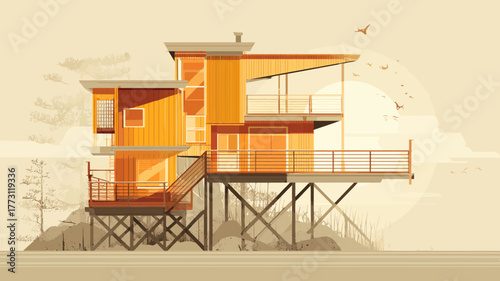 A vector of a modern coastal house built on high stilts or an elevated foundation for tsunami resilience.