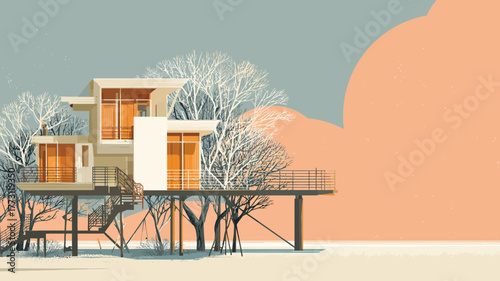 A vector of a modern coastal house built on high stilts or an elevated foundation for tsunami resilience.