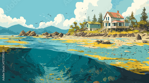 A vector illustration showing the seabed exposed as the water rapidly recedes from the beach, the natural warning sign.