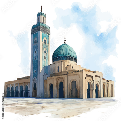 Hassan II Mosque, watercolor drawing vector, isolated on a white background.