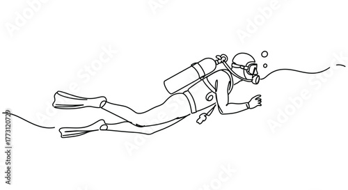 A minimalist line drawing depicts a scuba diver exploring underwater