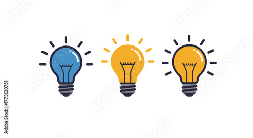 Three colorful light bulbs with radiating light illustration style