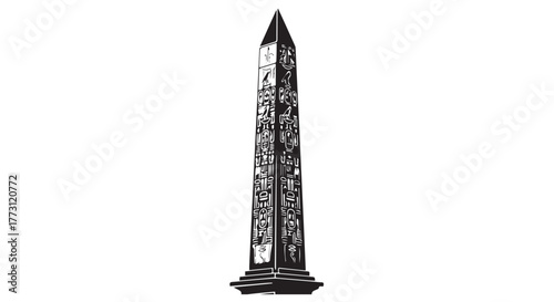 Black and white illustration of an obelisk monument with intricate carvings, isolated on transparent background
