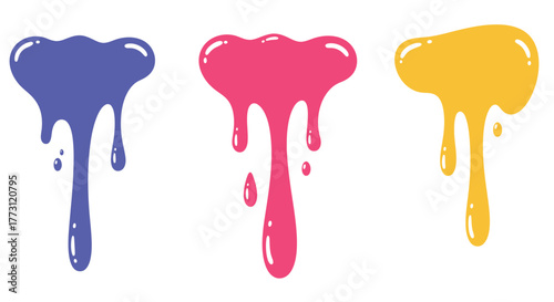 Colorful paint drips in blue pink and yellow isolated on white