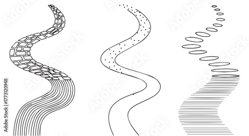Three stylized wavy path illustrations with different textures and line styles isolated on transparent background