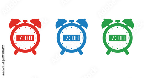 Three colorful alarm clocks displaying the same time seven o clock